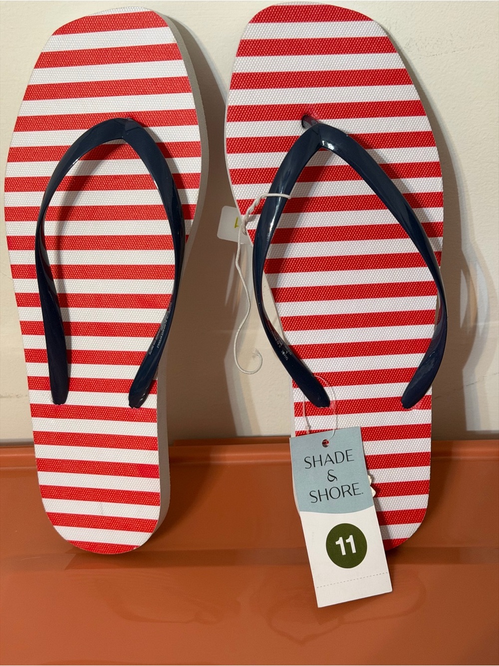 Shade & Shore Red + White Striped Flip Flops with Navy Straps
